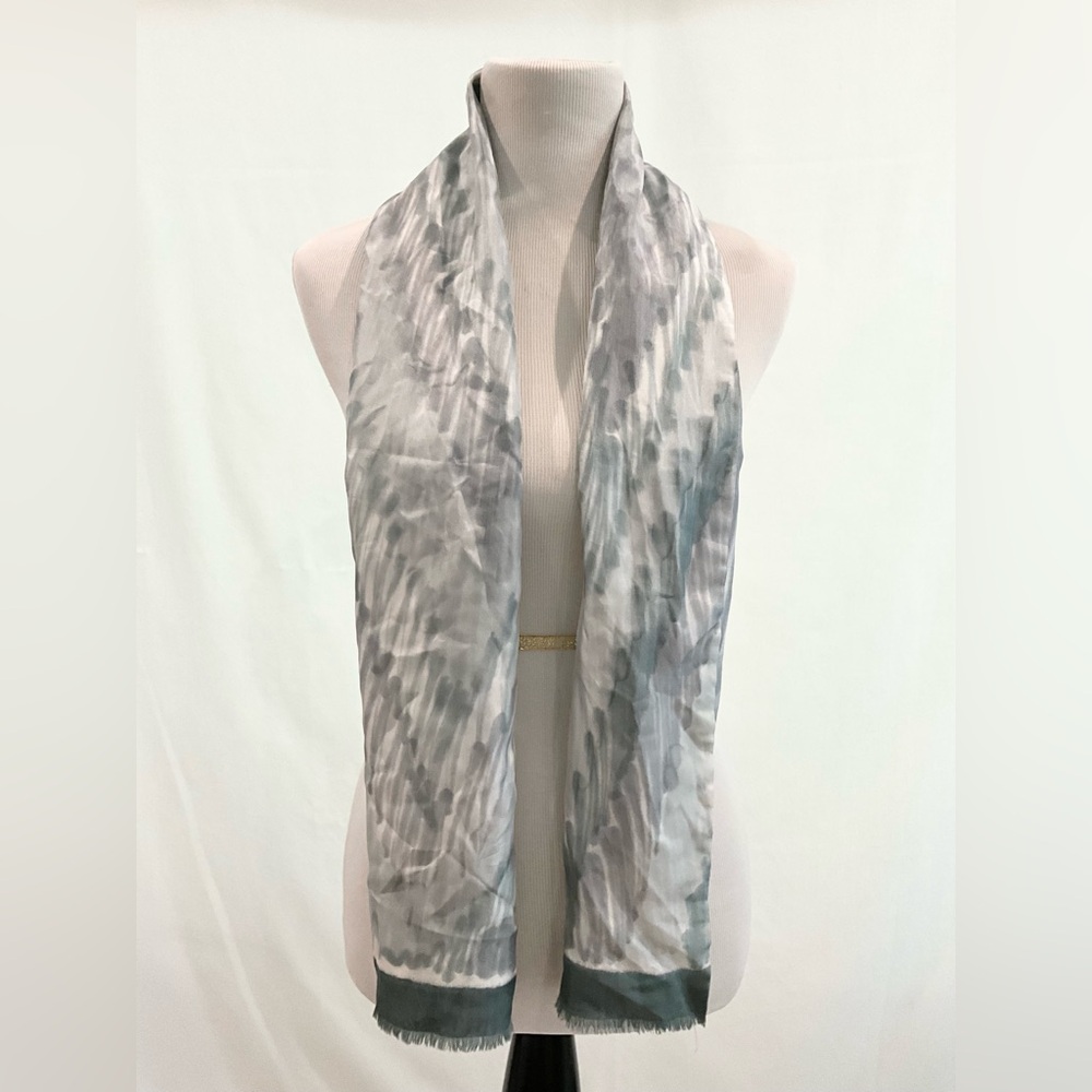 Elegant 100% silk scarf in grey blue and white.